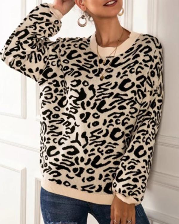 Leopard Print Round Neck Long Sleeve Oversize Pullover Sweater