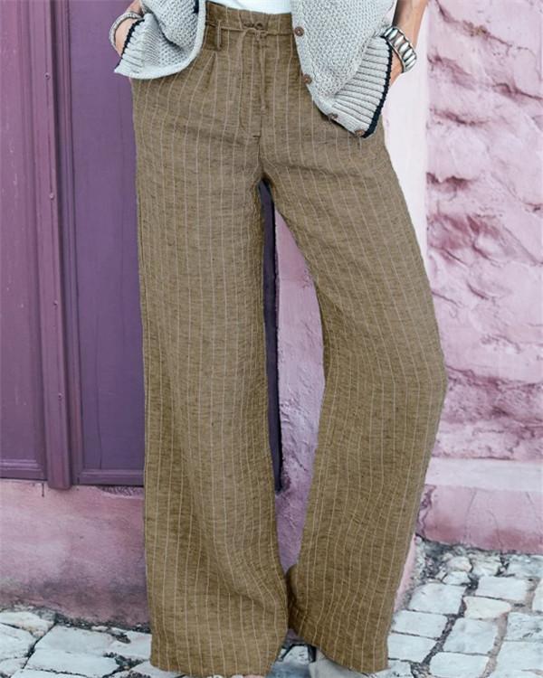 Striped Print Paneled Side Pockets Self-tie Casual Wide Leg Pants