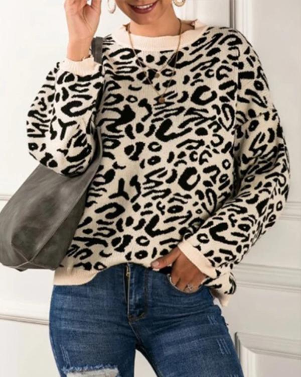 Leopard Print Round Neck Long Sleeve Oversize Pullover Sweater