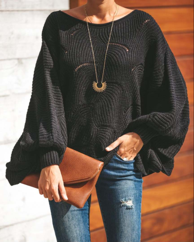Long Sleeve Solid See-Through Look Crew Neck Sweaters