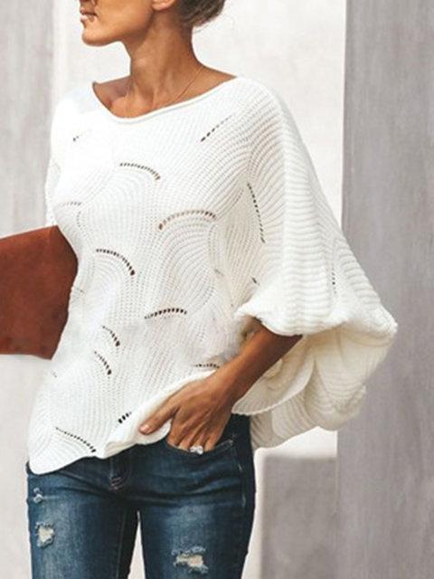 Long Sleeve Solid See-Through Look Crew Neck Sweaters
