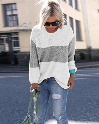 Women's Patchwork Round Neck Knits Sweater Pullover Tops