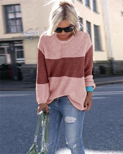 Women's Patchwork Round Neck Knits Sweater Pullover Tops