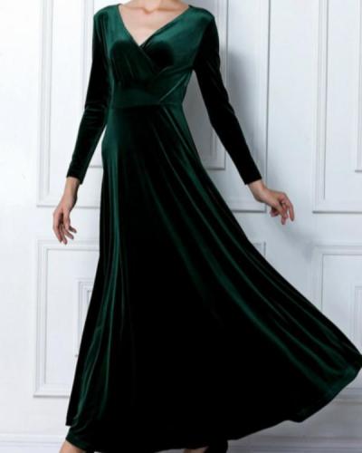 Women's Velvet Plus Size Solid Colored High Waist V Neck Party Dress