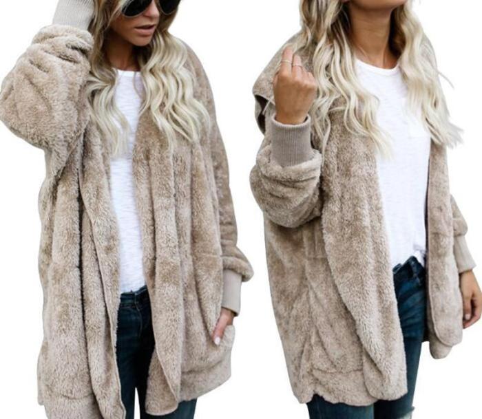 Solid Casual Long Sleeve Hoodie Faux Fur Velvet Pockets Coat