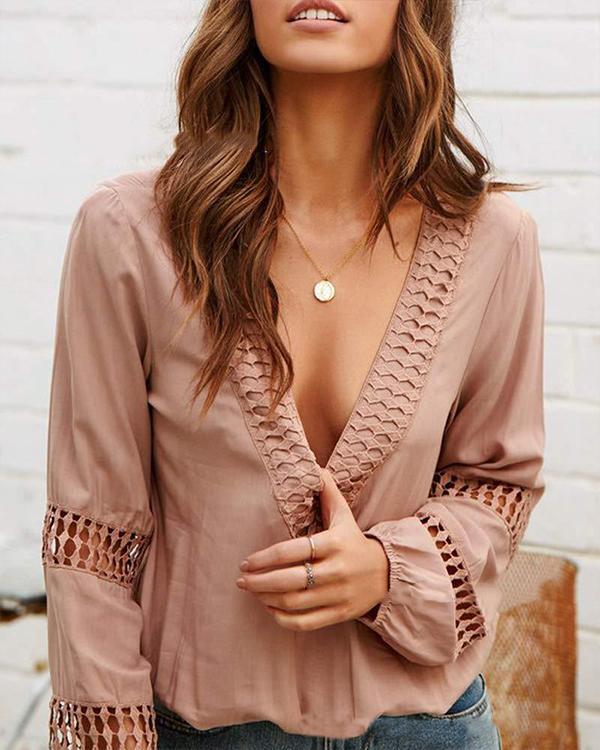 Lace Splicing Hollow Out Deep V-Neck Blouse