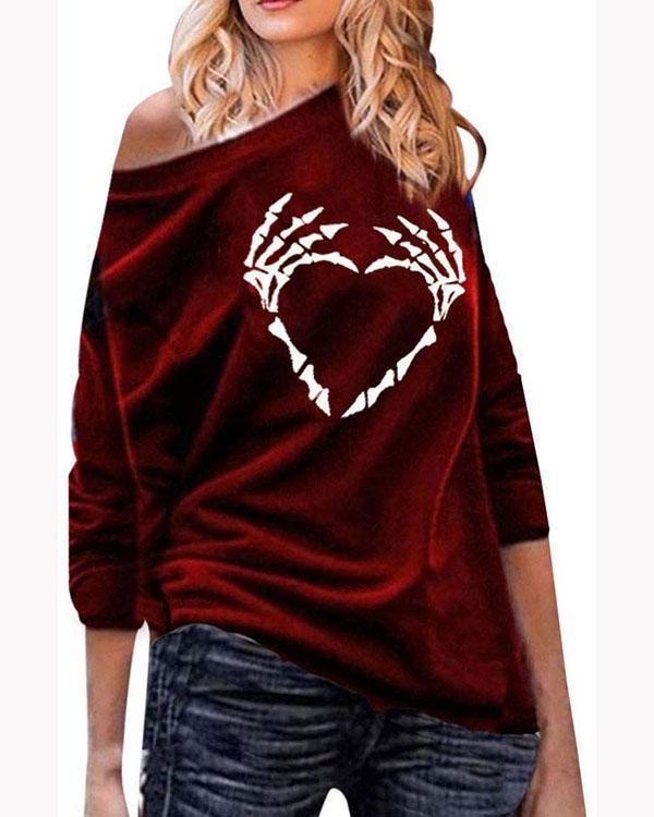 Women's Fashion Long Sleeve Skull Print Casual Loose Sweatshirt Top Plus Size