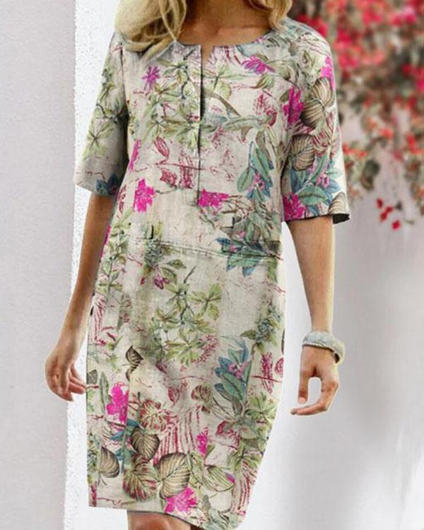 Vintage Linen Cotton Flower Print Dress