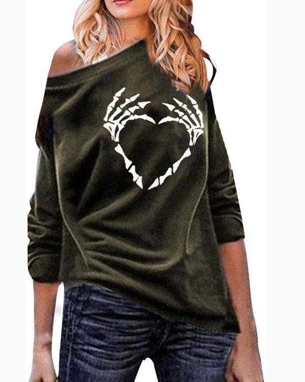 Women's Fashion Long Sleeve Skull Print Casual Loose Sweatshirt Top Plus Size