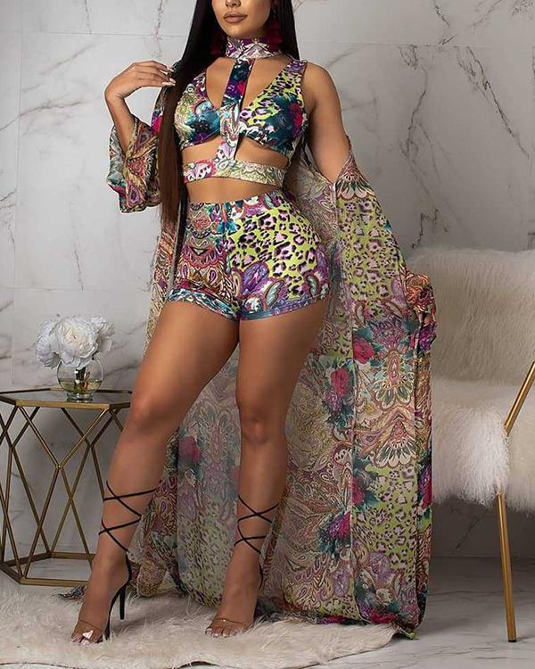 3PCS Mixed Print Bikini Sets With Cover Up