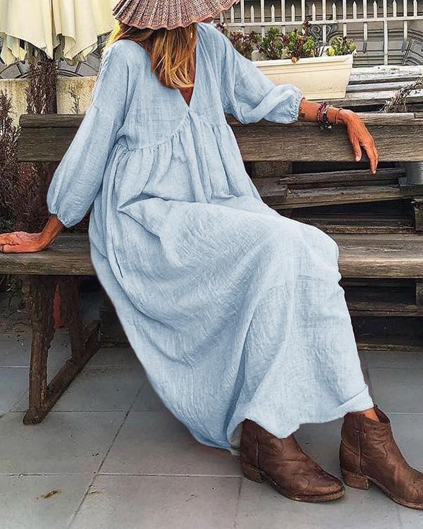 Solid Lantern Sleeve Loose Pleated V Neck Maxi Dress