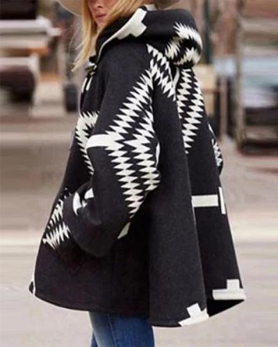 Oversized Side Pockets Print Hoodie Coat