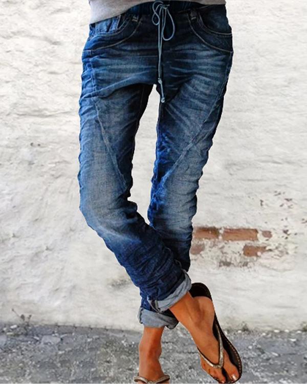 Casual Vintage Drawstring Denim Trousers