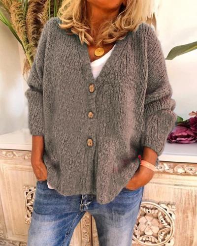 V-Neckline Solid Casual Loose Buttons Sweaters