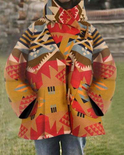 Bohemian Abstract Geometric Jacquard Horn Buckles Hooded Coat