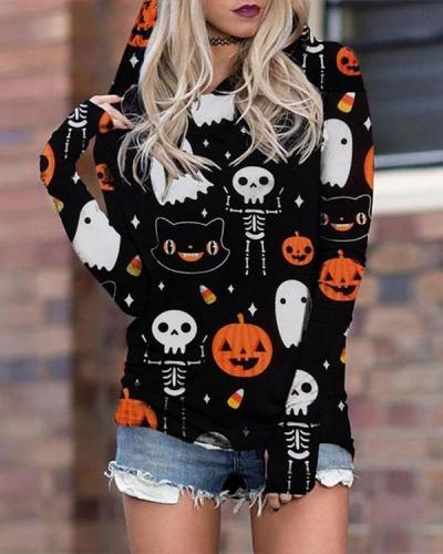 Women Halloween Print Casual Cotton Long Sleeve Cute Hoodies Sweatshirts