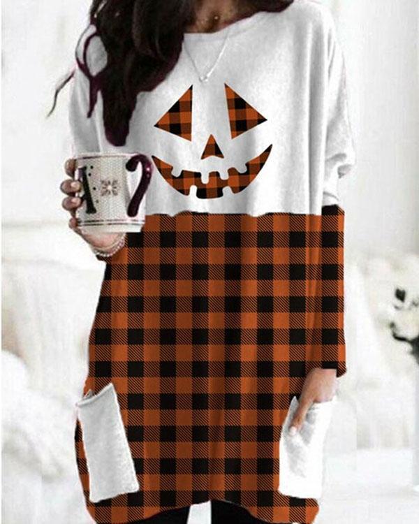 Color Stitching Print Long Sleeve Pockets Casual Blouses Tops