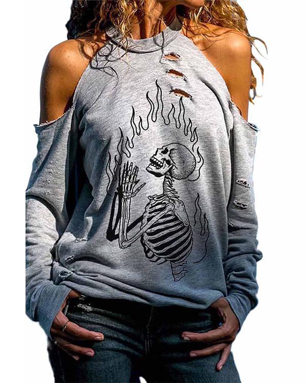 Multi Pattern Printed Long Sleeve Hollow out Shirts & Tops for Halloween