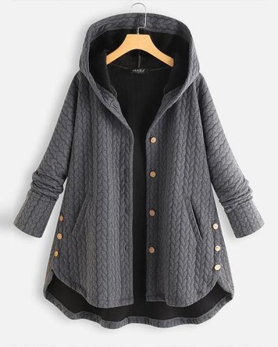 Casual Jacquard Pockets High Low Hooded Coat