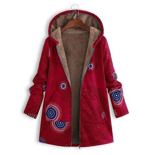 Women Winter Vintage Geometric Print Plush Coat Loose Hooded Coat