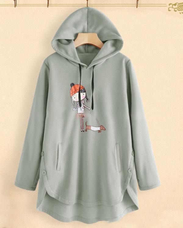 Printed Long Sleeve Women Loose Hooded Casual Daily Shift Tops