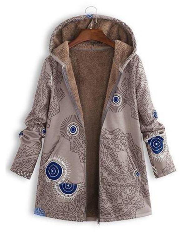 Women Winter Vintage Geometric Print Plush Coat Loose Hooded Coat