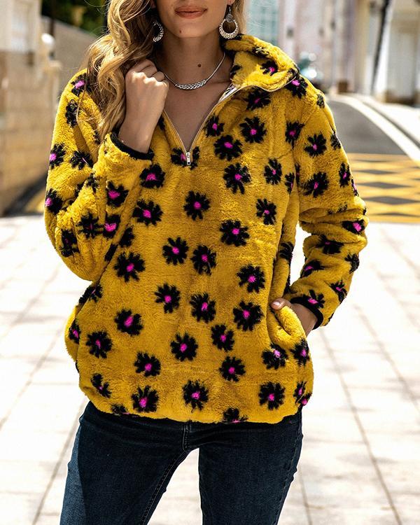 Flower Print Plush Long Sleeve Sweatshirt For Women