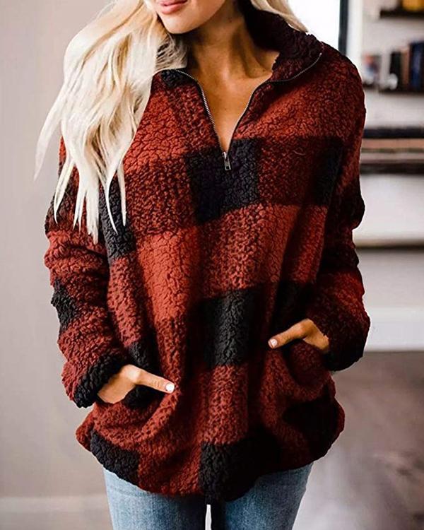 Plaid Print Plush Long Sleeve Sweatshirt For Women