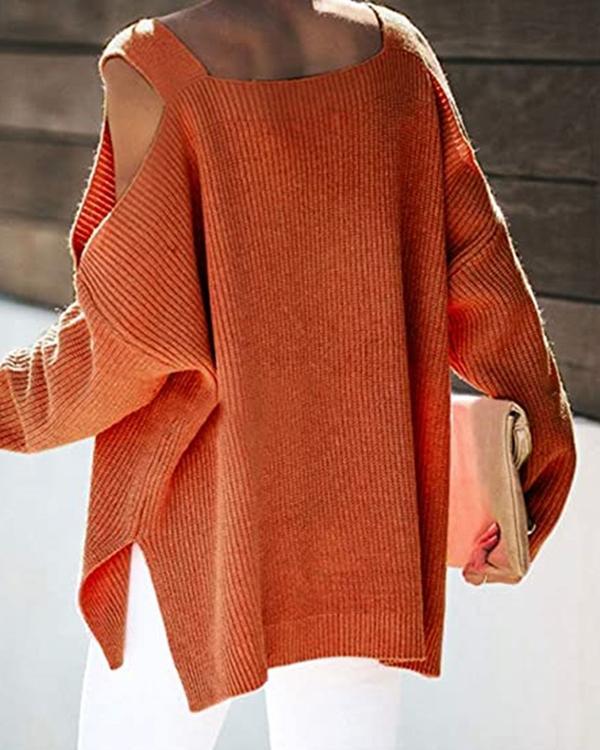 Plain Long Sleeve Casual Loose Cold Shoulder Sweater