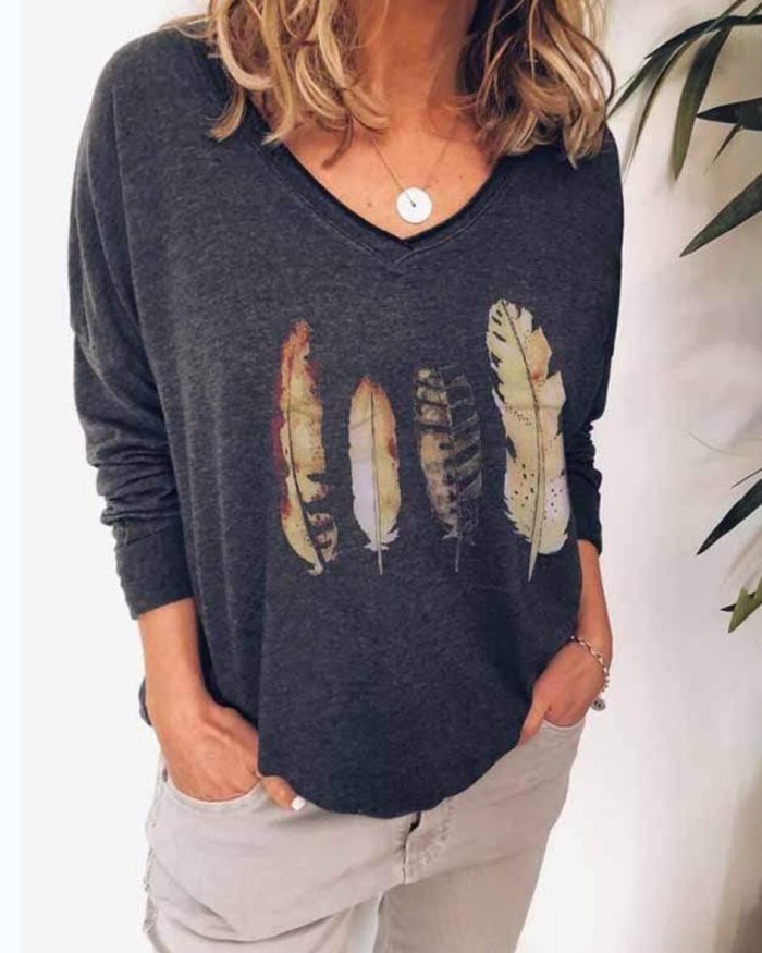 V Neck Feather Printed  Fall Women Casual Printed Shirt &Tops