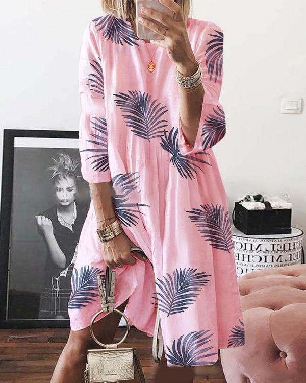 Leaf Printed Crew Neck Casual Shift Dresses