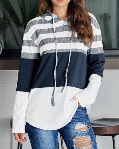 Fashion Patched Color Hooded Loose Women Fall Tops