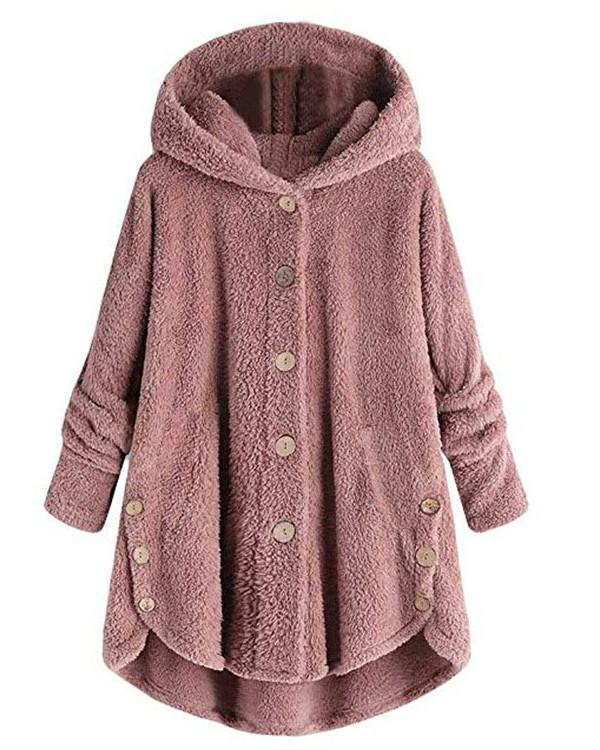 Fleece Hooded Irregular Hem Button Coats