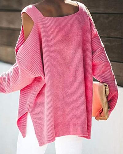 Plain Long Sleeve Casual Loose Cold Shoulder Sweater