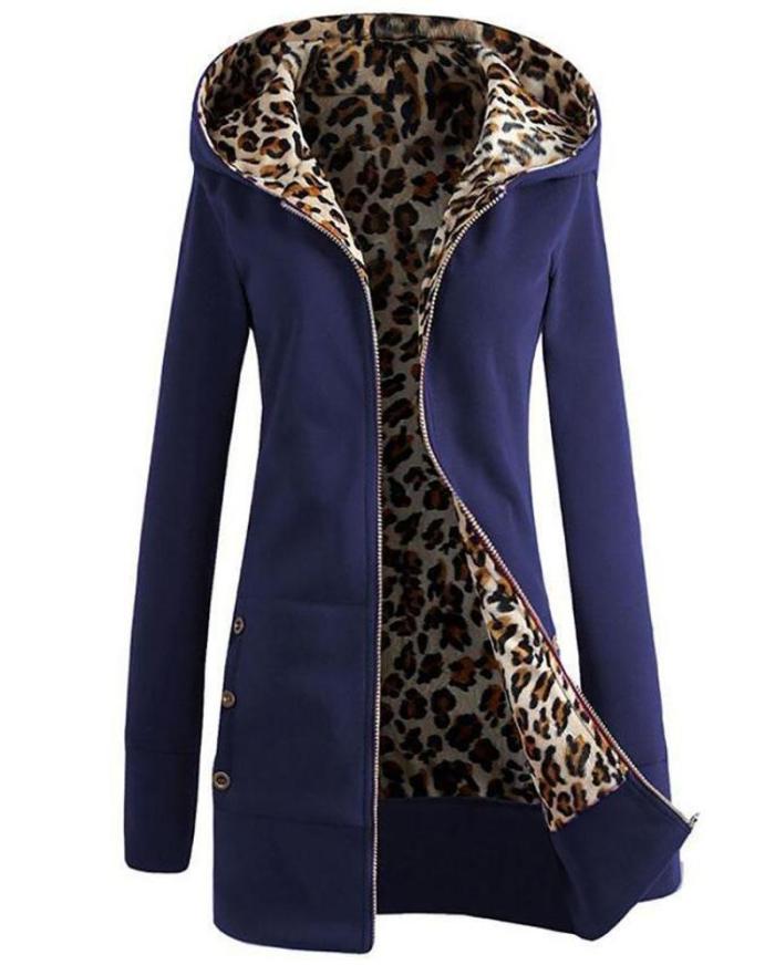 Hoodie Pockets Leopard-print Thick Coat