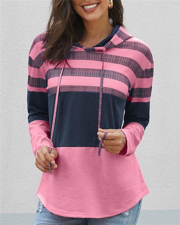 Fashion Patched Color Hooded Loose Women Fall Tops