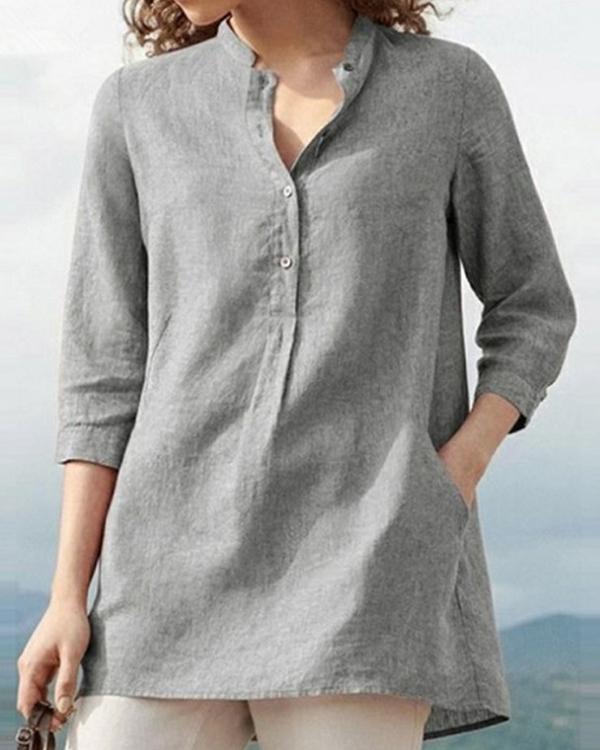 Solid Casual V-Neckline 3/4 Sleeves Blouses