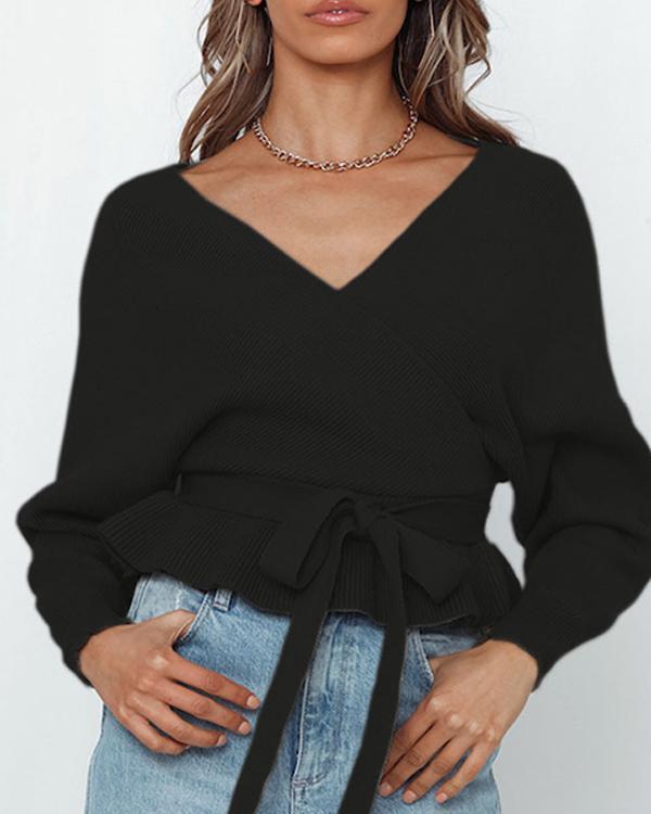 Sexy V-neck Halter Casual Lace-up Crop Knit Sweater