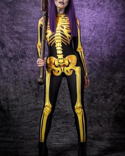 Halloween Costume Full Body Skull Printed Jumpsuit