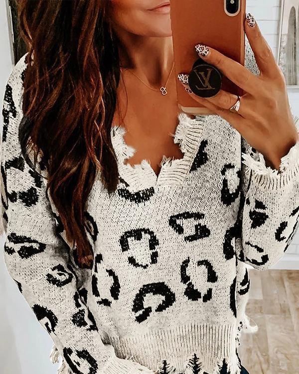 Asymmetrical Distressed Leopard Sweater