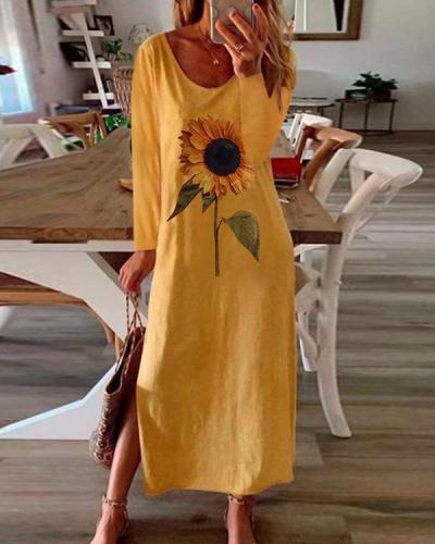 Fashion Plus Size Sunflower Print Long Sleeve Dress