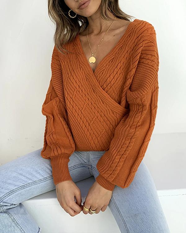 Rust Sexy V-neck Cable Knit Sweater