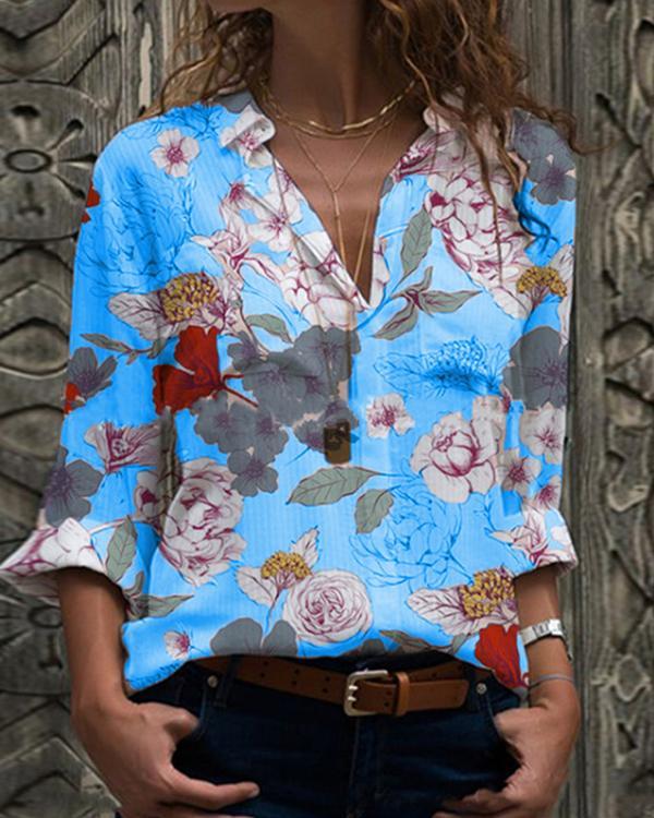 US 24.99 Plus Size Floral Casual VNeckline Long Sleeve Blouses