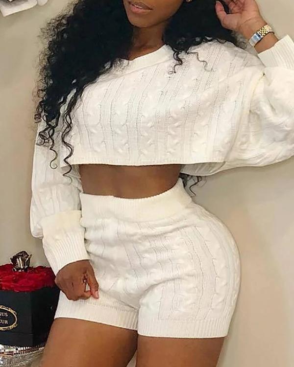 Knitted Long Sleeve Crop Top & Shorts Sets