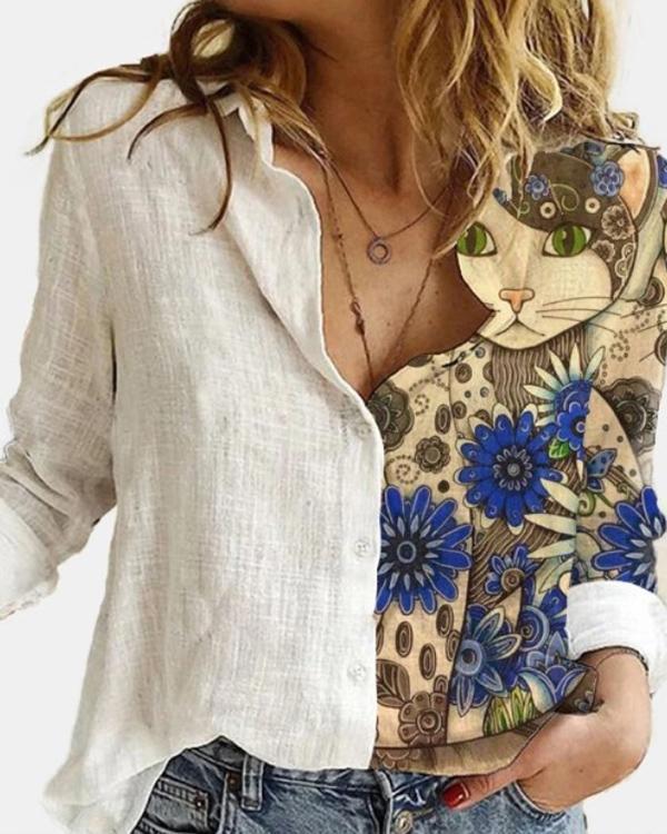 Cartoon Printed Patchwork Lapel Collar Button Long Sleeve Blouse