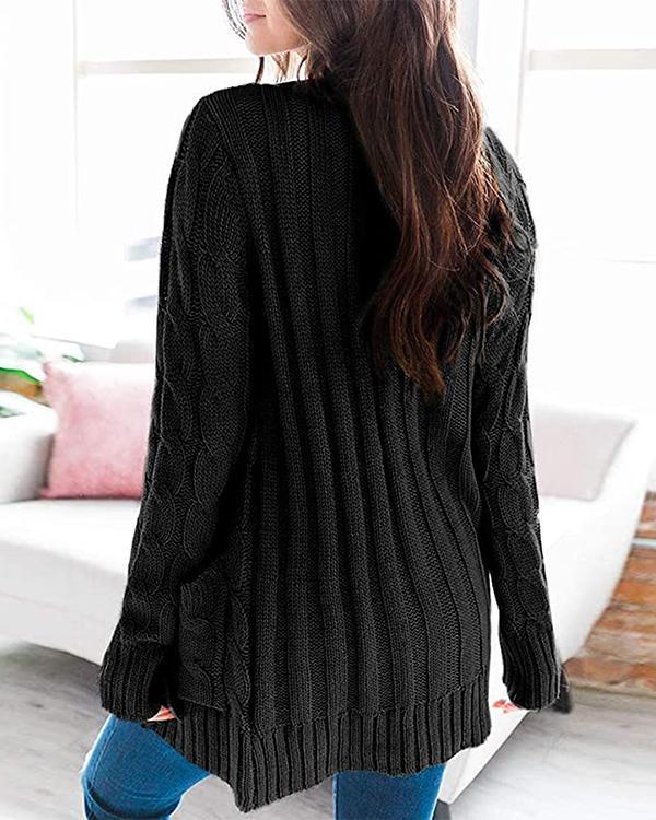 V-Neckline Solid Casual Cable Knit Pockets Buttons Sweaters