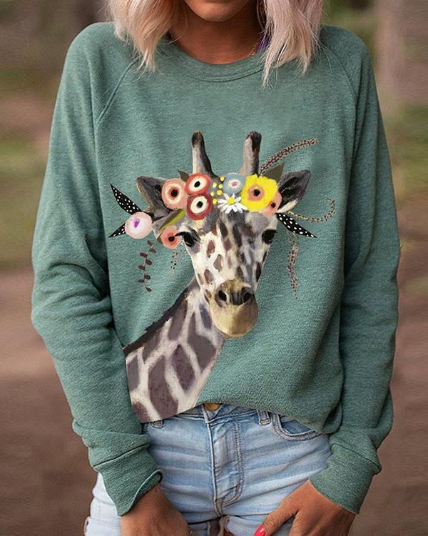 Women Giraffe Floral Print Long Sleeves Casual T-Shirts