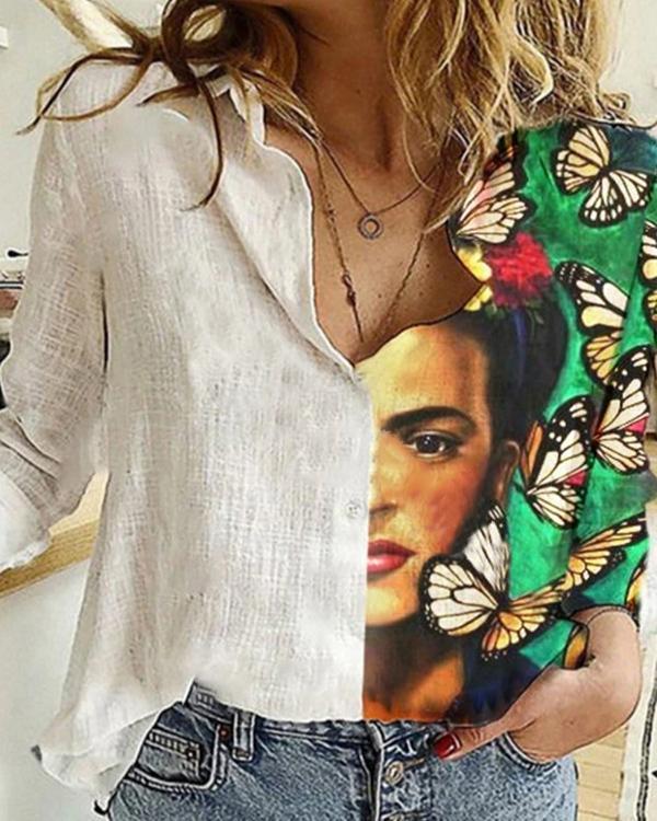 Vintage Printed Long Sleeve Turn-down Collar Patchwork Blouse For Women