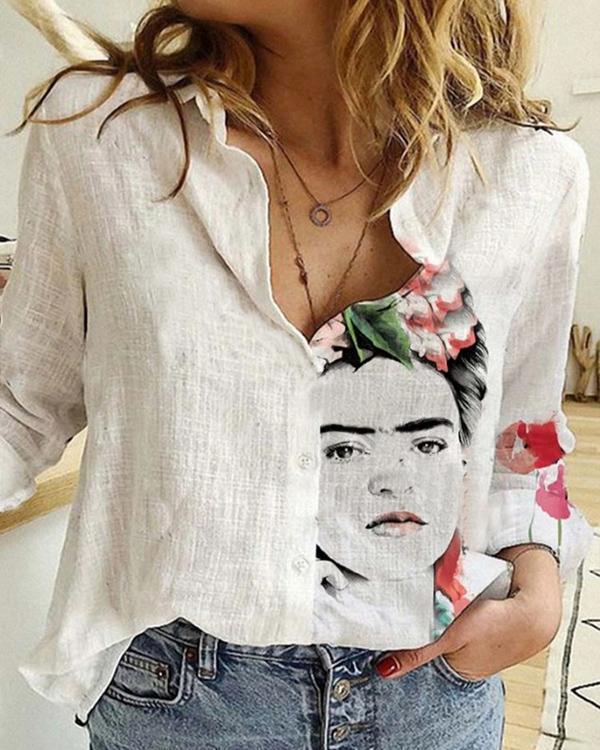 Vintage Printed Long Sleeve Turn-down Collar Patchwork Blouse For Women
