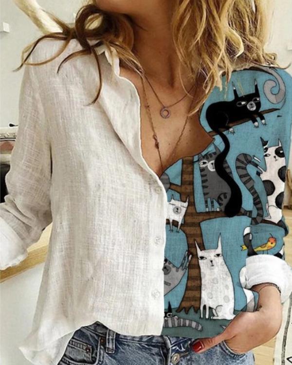 Cartoon Printed Patchwork Lapel Collar Button Long Sleeve Blouse